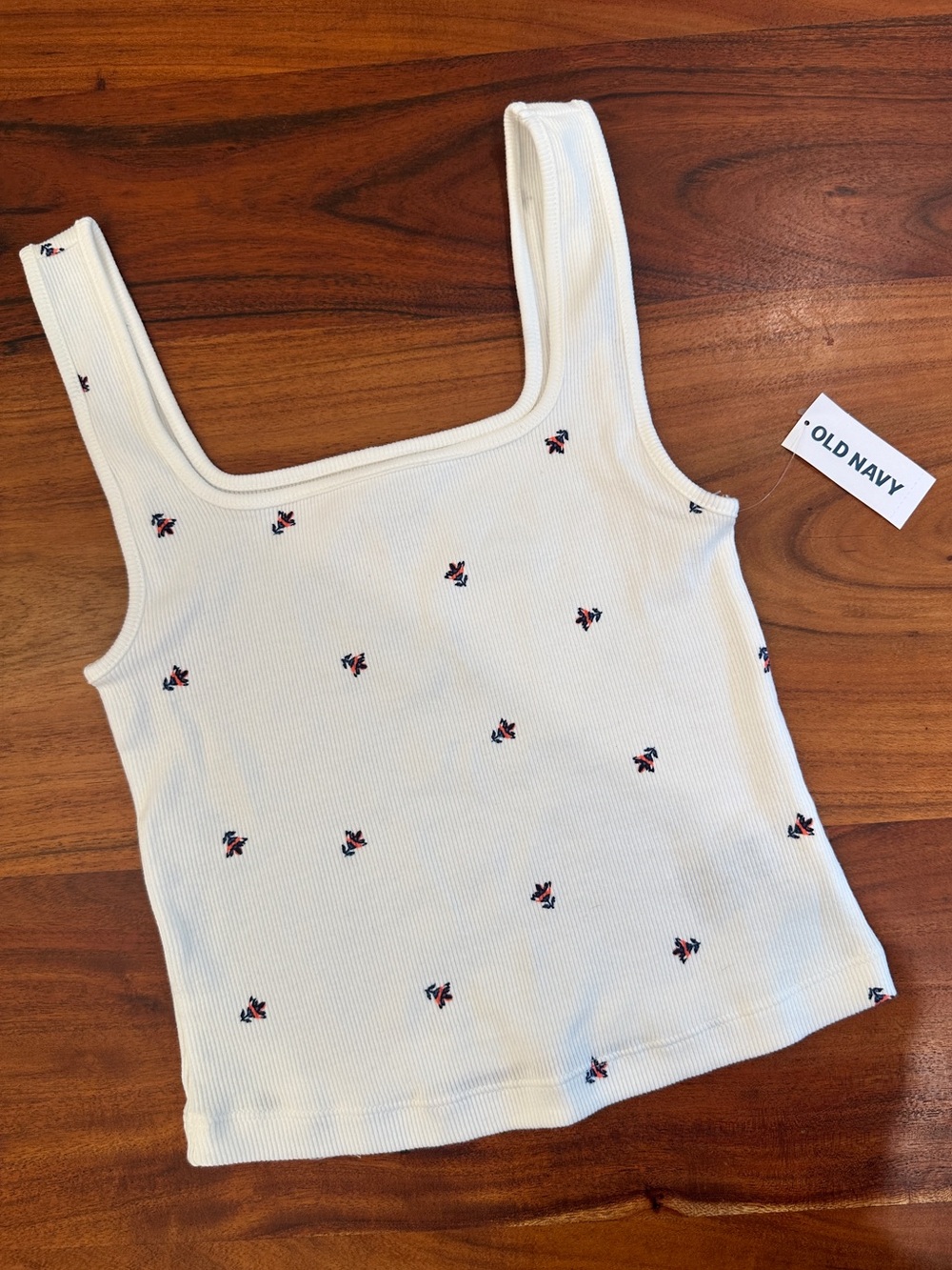 Old Navy White Ribbed Crop Tank with Red & Blue Embroidered Floral Accents